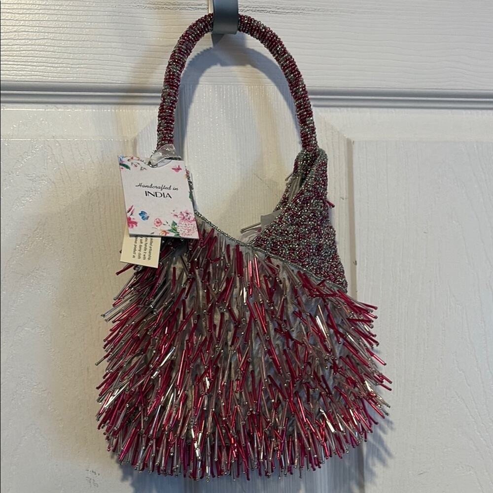 BNWT MADE IN INDIA Handcrafted Beaded Bag - Pink and Silver